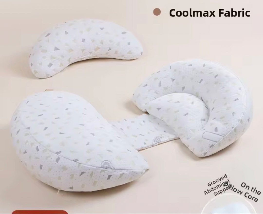 Coolmax Fabric Pregnancy Pillow (Category: Maternity Care) located in Makati City. Submitted by bubba18 (Listing ID 1438648600, Image 1). Description: - Coolmax fabric for a cool and comfortable sleep. - Grooved abdominal support for core support. - Unique shape designed for pregnancy support. - Stylish white pillow with gray and beige pattern..