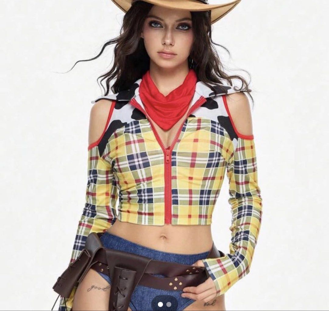 Cowgirl Costume Set (Category: Dresses) located in Manila. Submitted by ddaanay (Listing ID 1438632222, Image 2). Description: - Cowgirl costume set - Includes: Plaid top with cold shoulder and zipper closure, denim mini inner short,, and cowboy hat - Great for themed parties and events .