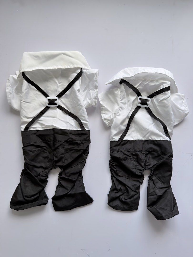 Dog Tuxedo Outfit (Category: Homes & Other Pet Accessories) located in Mandaluyong City. Submitted by shoppeachyflair (Listing ID 1438501605, Image 2). Description: Available in two sizes @ 50 each XL:Back Length: 34cm, Neck: 32cm, Bust: 44cm XXL: Back Length: 38cm, Neck: 34cm, Bust: 50cm Note: XXL has washable yellow stains due to storage- Dog tuxedo outfit for special occasions. — XL fits a small dog breed like pomeranian. XXL fits medium dog b