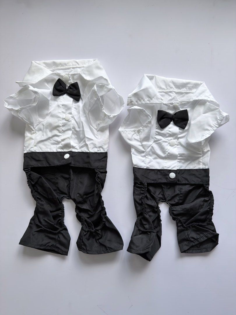 Dog Tuxedo Outfit (Category: Homes & Other Pet Accessories) located in Mandaluyong City. Submitted by shoppeachyflair (Listing ID 1438501605, Image 1). Description: Available in two sizes @ 50 each XL:Back Length: 34cm, Neck: 32cm, Bust: 44cm XXL: Back Length: 38cm, Neck: 34cm, Bust: 50cm Note: XXL has washable yellow stains due to storage- Dog tuxedo outfit for special occasions. — XL fits a small dog breed like pomeranian. XXL fits medium dog b