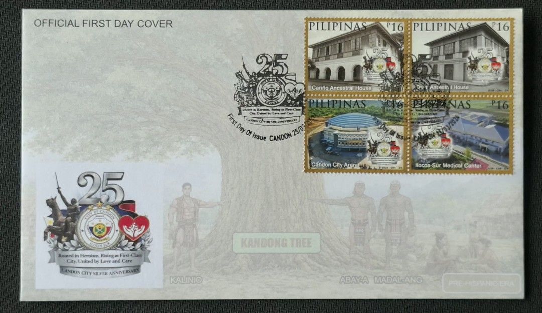 First Day Cover Candon 25th Anniversary (Category: Stamps & Prints) located in Makati City. Submitted by selyopilipinas (Listing ID 1438611934, Image 1). Description: (2026) First Day Cover Mint Condition Commemorative Issue Collection Theme : Places , Landmarks , Buildings The design incorporates elements of local history and culture, featuring depictions of the Kandong Tree and historical figures such as Kalinio and Abay-A Madal-Ang..