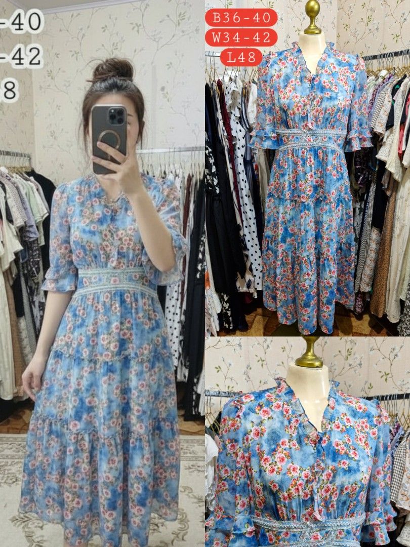Floral Maxi Dress (Category: Dresses) located in Dasmarinas. Submitted by jcmhaiavee (Listing ID 1438511279, Image 1). Description: - Blue flora - V-neckline - Short sleeves - Cinched waist - Tiered skirt - Delicate trim detail.