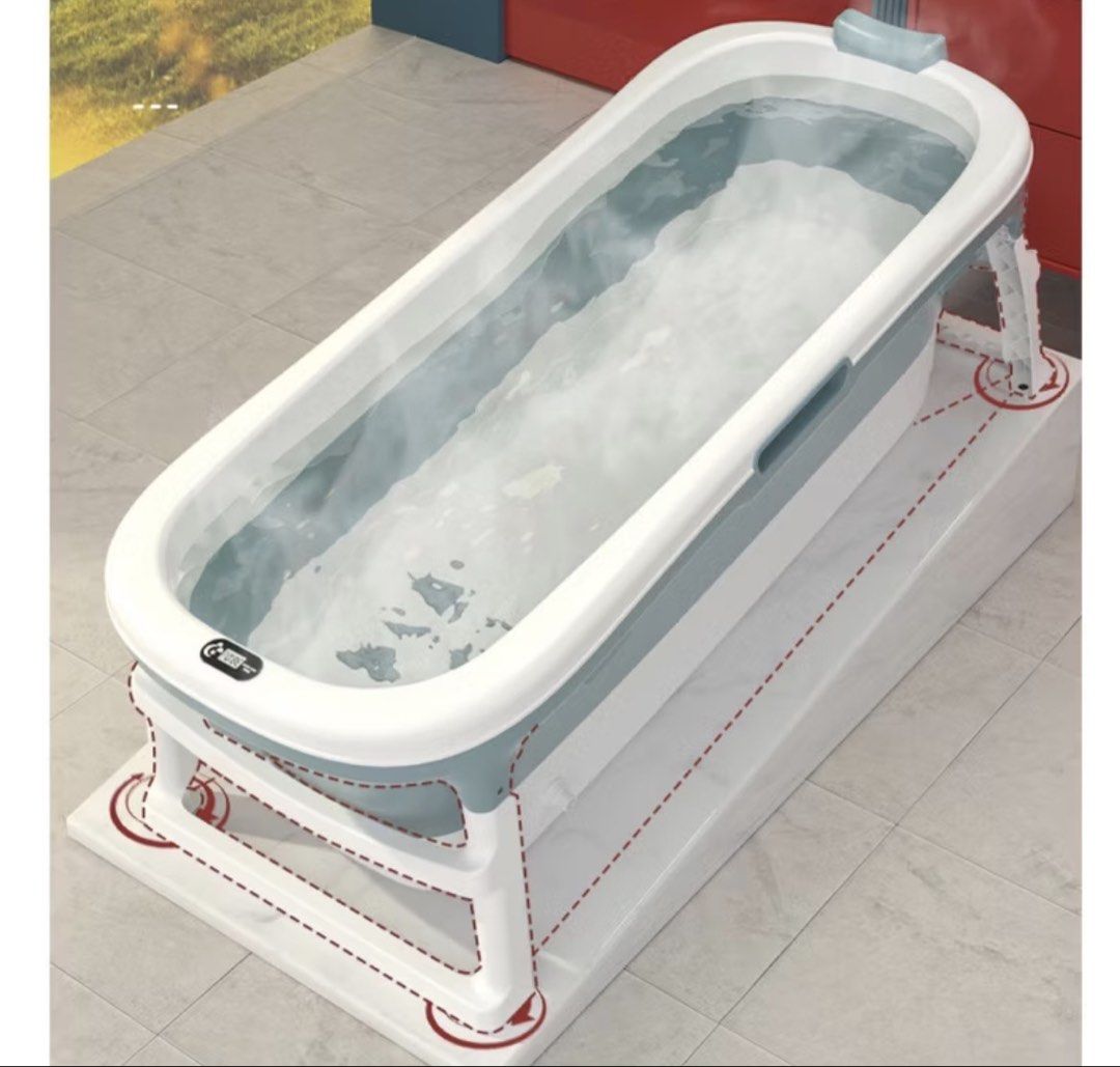 Foldable Adult Bath Tub (Category: Bathtub & Bath Accessories) located in Mandaluyong City. Submitted by katiecm (Listing ID 1438657489, Image 1). Description: - Foldable adult bathtub for a relaxing bath - Features a folding massage design - Easy to store - Dimensions: 138cm (L) x 62cm (W) x 52cm (H), folds to 22cm - Durable and family-friendly - Available in blue and white.