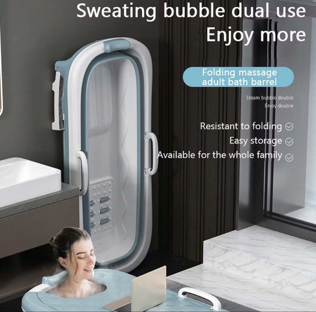Foldable Adult Bath Tub (Category: Bathtub & Bath Accessories) located in Mandaluyong City. Submitted by katiecm (Listing ID 1438657489, Image 3). Description: - Foldable adult bathtub for a relaxing bath - Features a folding massage design - Easy to store - Dimensions: 138cm (L) x 62cm (W) x 52cm (H), folds to 22cm - Durable and family-friendly - Available in blue and white.