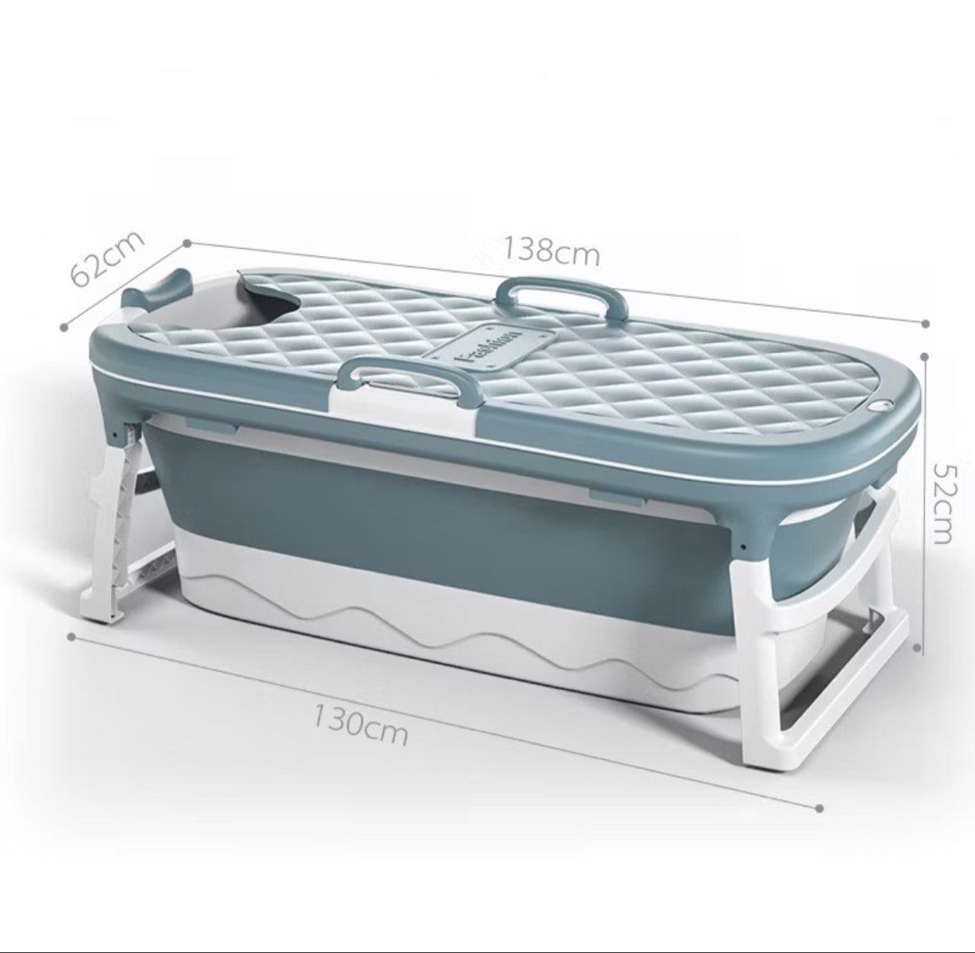 Foldable Adult Bath Tub (Category: Bathtub & Bath Accessories) located in Mandaluyong City. Submitted by katiecm (Listing ID 1438657489, Image 2). Description: - Foldable adult bathtub for a relaxing bath - Features a folding massage design - Easy to store - Dimensions: 138cm (L) x 62cm (W) x 52cm (H), folds to 22cm - Durable and family-friendly - Available in blue and white.