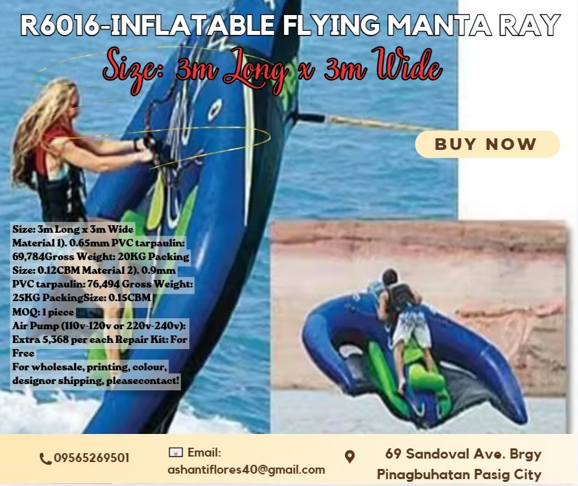 For Sale Inflatable Flying Manta Ray (Category: Home Improvement Tools & Accessories) located in Pasig City. Submitted by akiramckency (Listing ID 1438602663, Image 1). Description: 🌏 WE DELIVER NATIONWIDE🌏 👉 FOR ORDER 👉 Send Us message Bellow👇 👇 👇 ✨ Terms Of Payment: ✨ 50% Downpayment and ✨ 50% Upon pick up / Deliver 📍 LOCATED IN PASIG CITY.