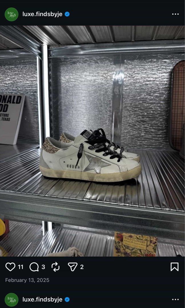 Golden Goose Superstar Sneakers (Category: Sneakers) located in Baybay. Submitted by styleonpoint (Listing ID 1438518937, Image 2). Description: - Golden Goose Superstar sneakers - White leather upper - Glitter heel tab - Silver star detail - Distressed sole - Black laces - Brand name on side and tongue.