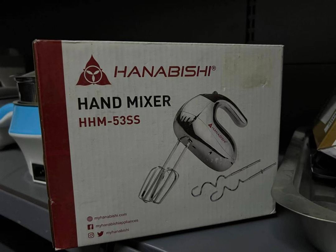 Hanabishi HAND MIXER HHM 53SS (Category: Bakeware) located in Paranaque City. Submitted by pilipinashop (Listing ID 1438575118, Image 2). Description: Brand new Silver series 3-speed control option with pulse function Includes dough hooks 190x88x290mm.