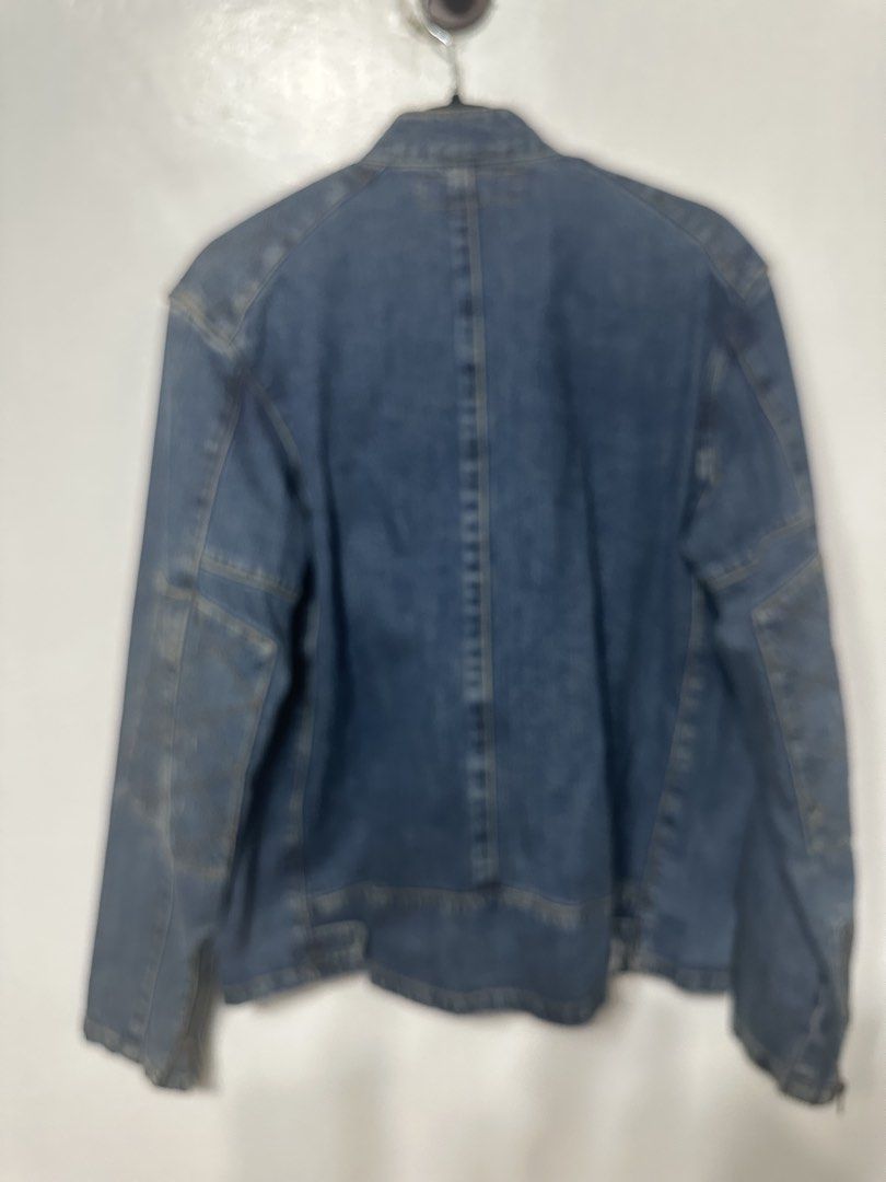 Izzue Denim Jacket (Category: Coats, Jackets and Outerwear) located in Batangas. Submitted by jim2621 (Listing ID 1438510095, Image 2). Description: - Faded denim biker jacket - Stand-up collar - Zip closure - Quilted shoulder detailing - Multiple zip pockets (chest and sides) - Classic biker style - Brand label visible Womens size4.
