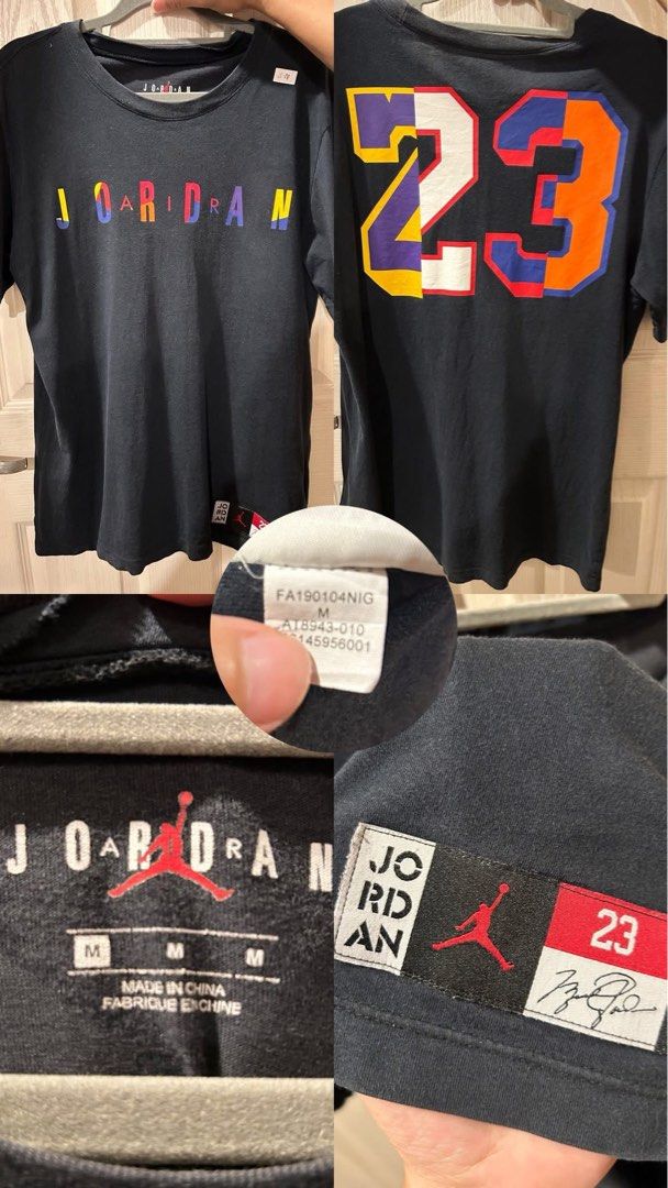 Jordan 23 Graphic Tee - Black - Medium (Category: Tshirts & Polo Shirts ) located in Caloocan City. Submitted by jiya_declutter (Listing ID 1438641518, Image 1). Description: - Black Jordan t-shirt - Size: M - Design: "JOARDAN" in colorful letters on front, "23" on back with color block - Features Jordan logo Jordan Size: Small to Medium Color rate 9.8/10 Price: Mine 350 Grab 400 Lock (auto yours) 450 no issue.