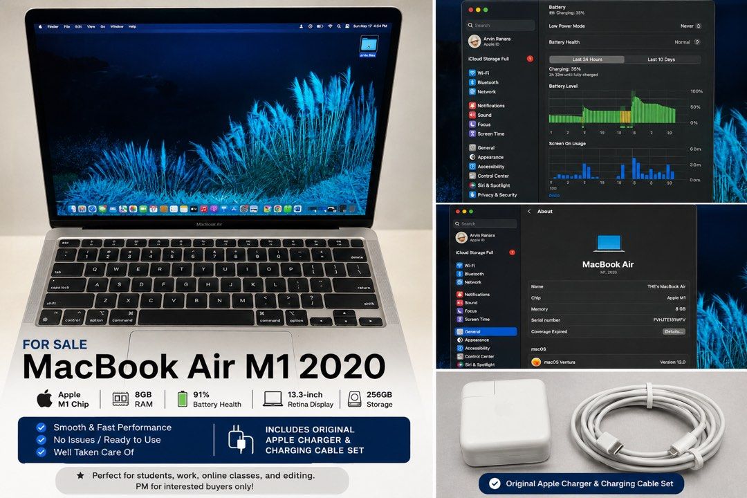 MacBook Air M1 2020 (Category: Laptops & Notebooks) located in Manila. Submitted by happyearth-d097 (Listing ID 1438567836, Image 1). Description: - MacBook Air M1 2020 - Apple M1 chip - 8GB RAM - 256GB storage - 13.3-inch Retina display - Battery health: 91% - Includes original Apple charger and cable - Ideal for students, online classes, and editing.