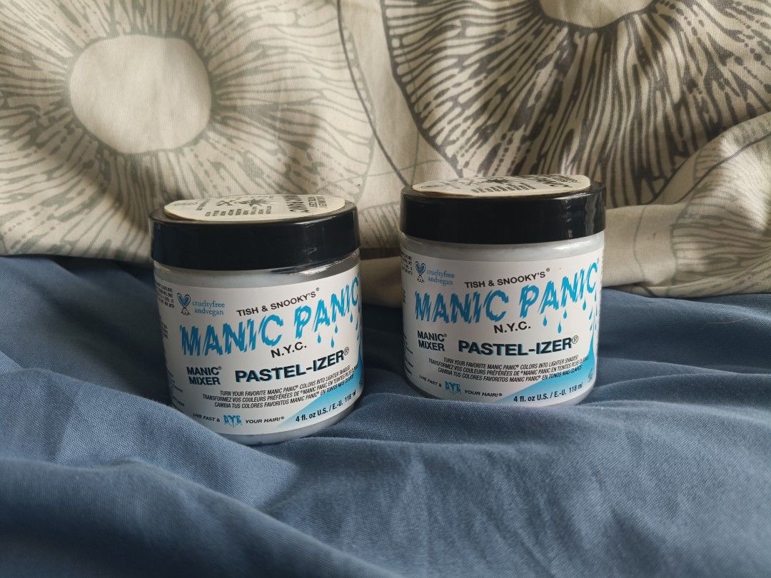 Manic Panic Pastel-izer (Category: Hair) located in Santa Rosa. Submitted by maxxxier (Listing ID 1438569500, Image 1). Description: - Manic Panic Pastel-izer hair color mixer. - Dilutes Manic Panic dyes for pastel shades. - New and unopened. - 4 fl oz jar. - Achieve soft, pastel hair colors. - Mix with your favorite Manic Panic shades. unused manic panic pastelizers! dis can turn yo fav panic panic hair dyes into a pastel lighter version of thei