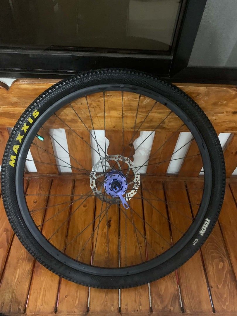 Maxxis Bike Wheel with Disc Brake (Category: Bicycles) located in Manila. Submitted by aukitten (Listing ID 1438558234, Image 3). Description: Wheelset 26r for sale! 3,500 negotiable pa Tires: Maxxis Race 26X1.95 65 psi Rim: Trinx Lightweight Spokes: unknown Cogs: VG sports 11:42 Hubs: weapon savage hubs 6 pawls Rotor: unknown 160mm.
