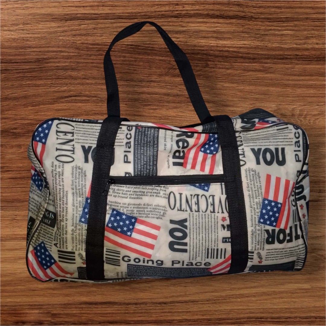 Newspaper Print Travel Weekender Bag (Category: Beach Bags) located in Cebu City. Submitted by jc_online_shop (Listing ID 1438690466, Image 1). Description: 24" x 18" x 8" Good for travel use nylon material zip closure.