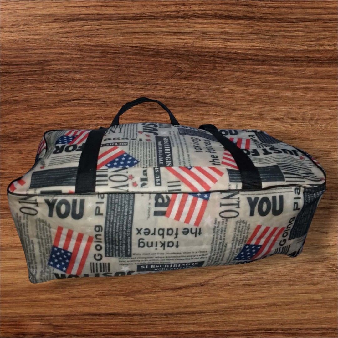 Newspaper Print Travel Weekender Bag (Category: Beach Bags) located in Cebu City. Submitted by jc_online_shop (Listing ID 1438690466, Image 3). Description: 24" x 18" x 8" Good for travel use nylon material zip closure.