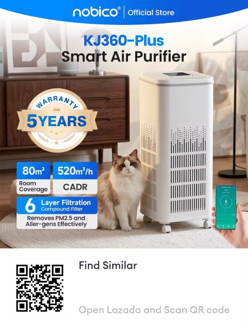 Nobico KJ360-Plus Smart Air Purifier (Category: Air Purifiers & Dehumidifiers) located in Pasig City. Submitted by artliam888 (Listing ID 1438517203, Image 2). Description: - Removes PM2.5 and allergens - Covers up to 80m² - High CADR of 520m³/h - 6-layer filtration - Smart control via Tuya Smart app - Built-in dust sensor and odor removal - 5-year warranty issue: no wheels included ✅ SAME DAY DELIVERY LALAMOVE ✅ PAY NOW GET NOW . Pickup Location
