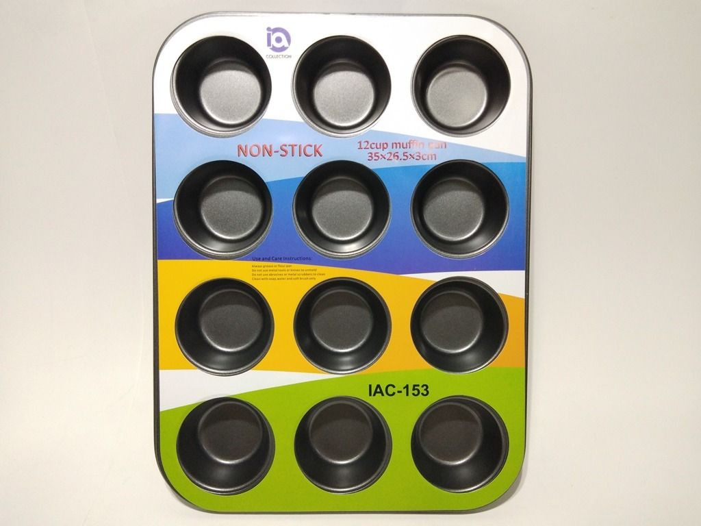 Non Stick Cupcake Muffin Baking Pan (Category: Bakeware) located in Quezon City. Submitted by inter_active_megawares (Listing ID 1438572606, Image 2). Description: Non Stick Cupcake Muffin Baking Pan IAC-153 - 12 Cupcake/Muffin Pan (2oz Max) Price: P220.00 Weight: 370g Length :35cm Width: 26.5cm Height: 2.5cm Cup Size: 6cm-top / 4.5cm bottom / 2oz IAC-154 - 6 Cupcake/Muffin Pan (2oz Max) Price: P140.00 Weight: 170g Length: 26.5cm Width: 18.5cm He