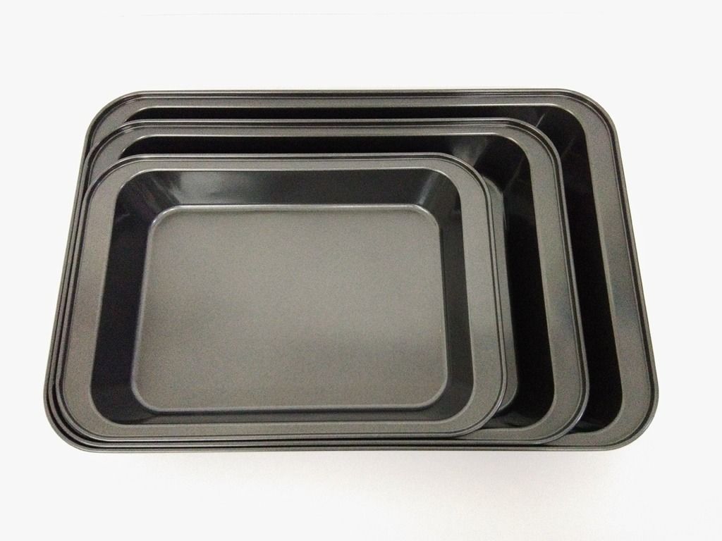 Non Stick Rectangle Roaster Deep Cake Baking Pan (Category: Bakeware) located in Quezon City. Submitted by inter_active_megawares (Listing ID 1438572126, Image 2). Description: Non Stick Roaster Cake Rectangular Baking Pan IAC-149 - Small Price: P160.00 Weight:290g Outer Measurements: 31.5x:21.8x5cm Inner Top Measurements: 26.5x19.8cm Inner Bottom Dimensions: 24x17cm IAC-151 - Medium Price: P185.00 Weight:400g Outer Measurements: 37.5x:25.3x5cm I