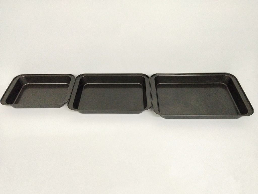 Non Stick Rectangle Roaster Deep Cake Baking Pan (Category: Bakeware) located in Quezon City. Submitted by inter_active_megawares (Listing ID 1438572126, Image 3). Description: Non Stick Roaster Cake Rectangular Baking Pan IAC-149 - Small Price: P160.00 Weight:290g Outer Measurements: 31.5x:21.8x5cm Inner Top Measurements: 26.5x19.8cm Inner Bottom Dimensions: 24x17cm IAC-151 - Medium Price: P185.00 Weight:400g Outer Measurements: 37.5x:25.3x5cm I