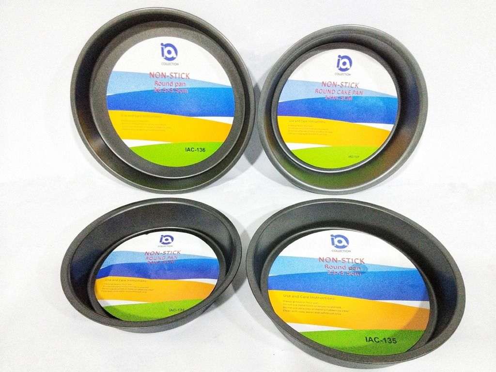 Non Stick Round Cake Pie Baking Pan (Category: Bakeware) located in Quezon City. Submitted by inter_active_megawares (Listing ID 1438569756, Image 1). Description: Non Stick Round Cake Pie Baking Pan IAC-134 - Small Price: P105.00 Weight: 140g Top Diameter: 20cm/8" Inner Diameter: 18cm/7" Bottom Diameter: 16cm/6.4" Height: 3.5cm/1.4" IAC-135 - Medium Price: P115.00 Weight: 170g Top Diameter: 23cm/9" Inner Diameter: 21cm/8.3" Bottom Diameter: 19cm