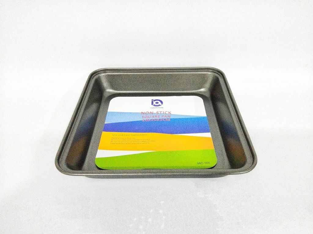 Non Stick Square Cake Baking Pan (Category: Bakeware) located in Quezon City. Submitted by inter_active_megawares (Listing ID 1438573674, Image 2). Description: Non Stick Square Cake Baking Pan IAC-165: Small Square Mold with Semi Square Border Edge Price: P145.00 Weight: 170g Length: 20cm Width: 20cm Height: 3.5cm Inner Dimensions: 18.3cm top & 16cm bottom IAC-166: Large Square Mold with Semi Square Border Edge Price: P150.00 Weight: 250g Length