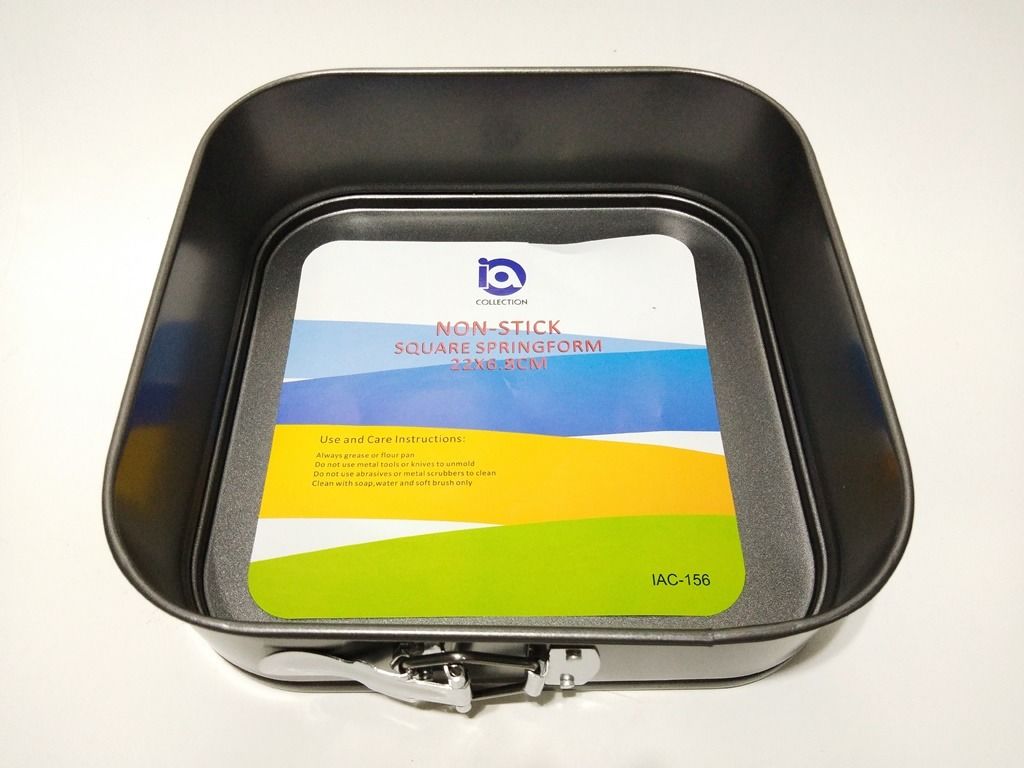 Non Stick Square Springform Cake Baking Pan (Category: Bakeware) located in Quezon City. Submitted by inter_active_megawares (Listing ID 1438572945, Image 2). Description: Non Stick Square Springform Cake Baking Pan IAC-156 - Small Price: P250.00 Weight:330g Length:22cm/8.7" Height:6.6cm IAC-157 - Big Price: P265.00 Weight:380g Length:24cm/9.5" Height:6.6cm - made with heavy gauge carbon steel with high grade non stick coating. - IF POSSIBLE: kin