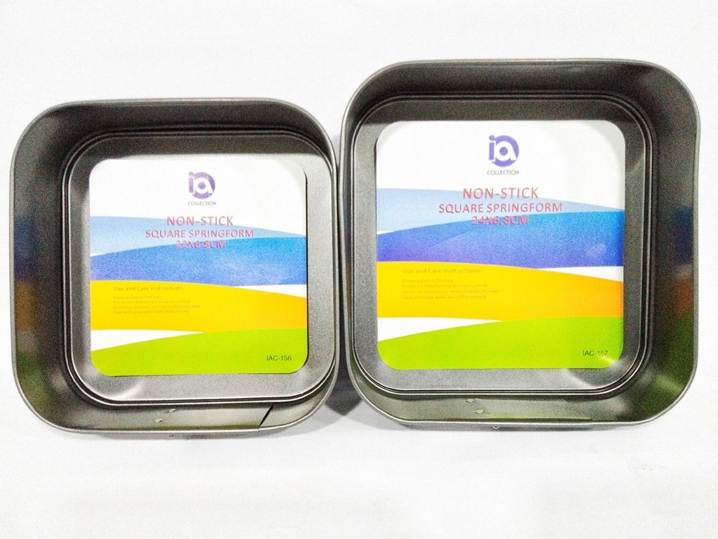 Non Stick Square Springform Cake Baking Pan (Category: Bakeware) located in Quezon City. Submitted by inter_active_megawares (Listing ID 1438572945, Image 1). Description: Non Stick Square Springform Cake Baking Pan IAC-156 - Small Price: P250.00 Weight:330g Length:22cm/8.7" Height:6.6cm IAC-157 - Big Price: P265.00 Weight:380g Length:24cm/9.5" Height:6.6cm - made with heavy gauge carbon steel with high grade non stick coating. - IF POSSIBLE: kin