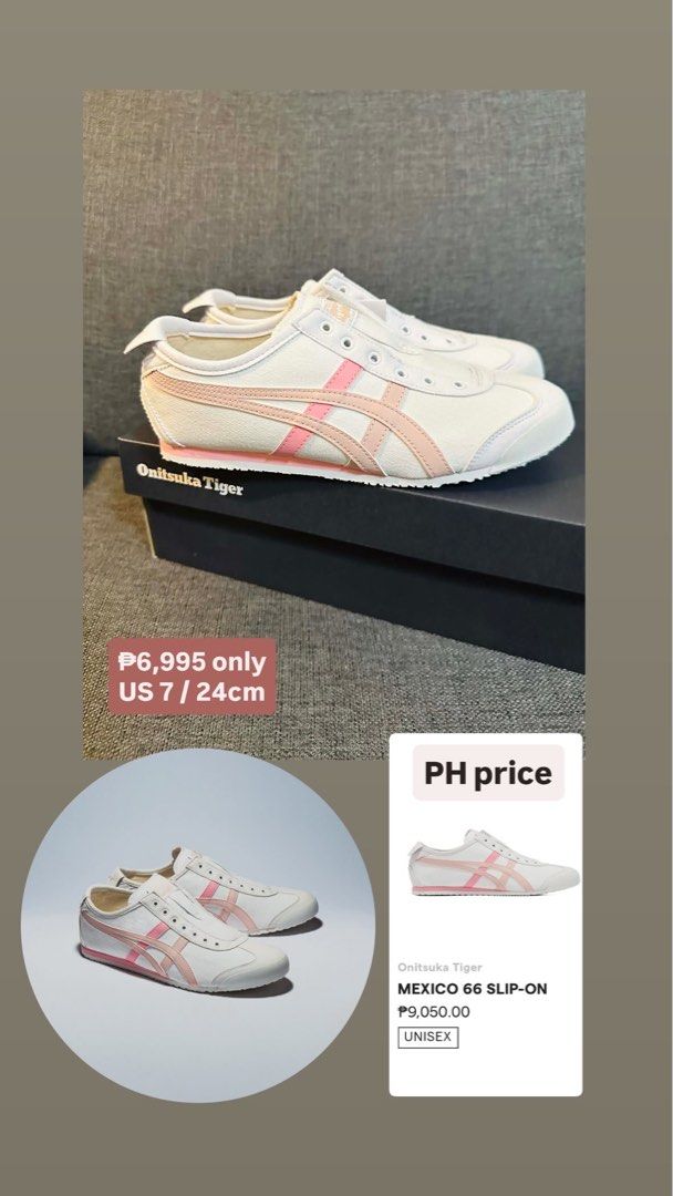 Onitsuka Tiger MEXICO 66 SLIP-ON (Category: Sneakers) located in Makati City. Submitted by rinz11 (Listing ID 1438536528, Image 1). Description: - Onitsuka Tiger MEXICO 66 SLIP-ON - Color: White and Pink - Size: US 7 / 24cm - Unisex - Original Price: ₱9,050.00.