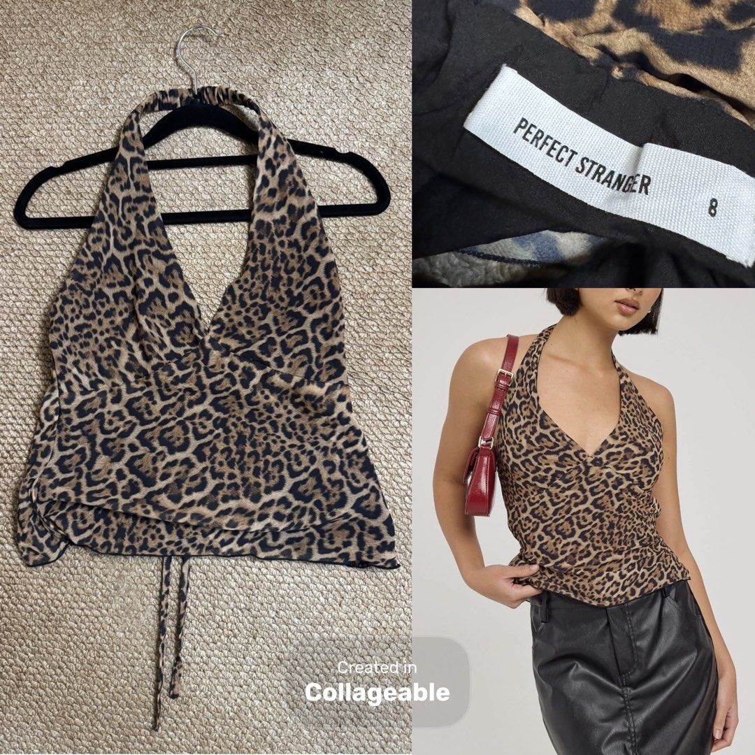 Perfect Stranger Leopard Print Halter Top (Category: Sleeveless) located in Iloilo. Submitted by jajacocjin (Listing ID 1438600365, Image 1). Description: - Perfect Stranger halter top - Leopard print - Size 8 - V-neck design - Tie closure at back - Lightweight fabric - Comfortable fit - Great for day or night.
