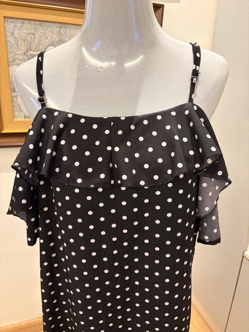 Polka Dot Off-Shoulder Dress (Category: Dresses) located in Quezon City. Submitted by ninas_preloved (Listing ID 1438620227, Image 3). Description: - Black and white polka dot pattern - Off-shoulder design - Ruffled detailing - Adjustable spaghetti straps - Midi length - Suitable for various occasions.