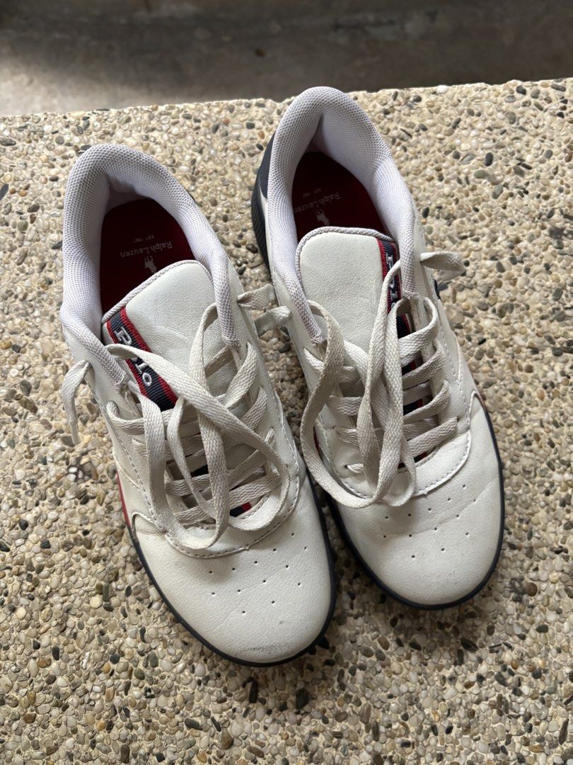 Polo Ralph Lauren White Sneakers (Category: Sneakers) located in Paranaque City. Submitted by chickenlexer (Listing ID 1438573079, Image 3). Description: - White Polo Ralph Lauren sneakers - Navy blue and red sole accents - Polo logo on the side - Size: US 5, UK 4.5, EUR 37, 24.5 cm.