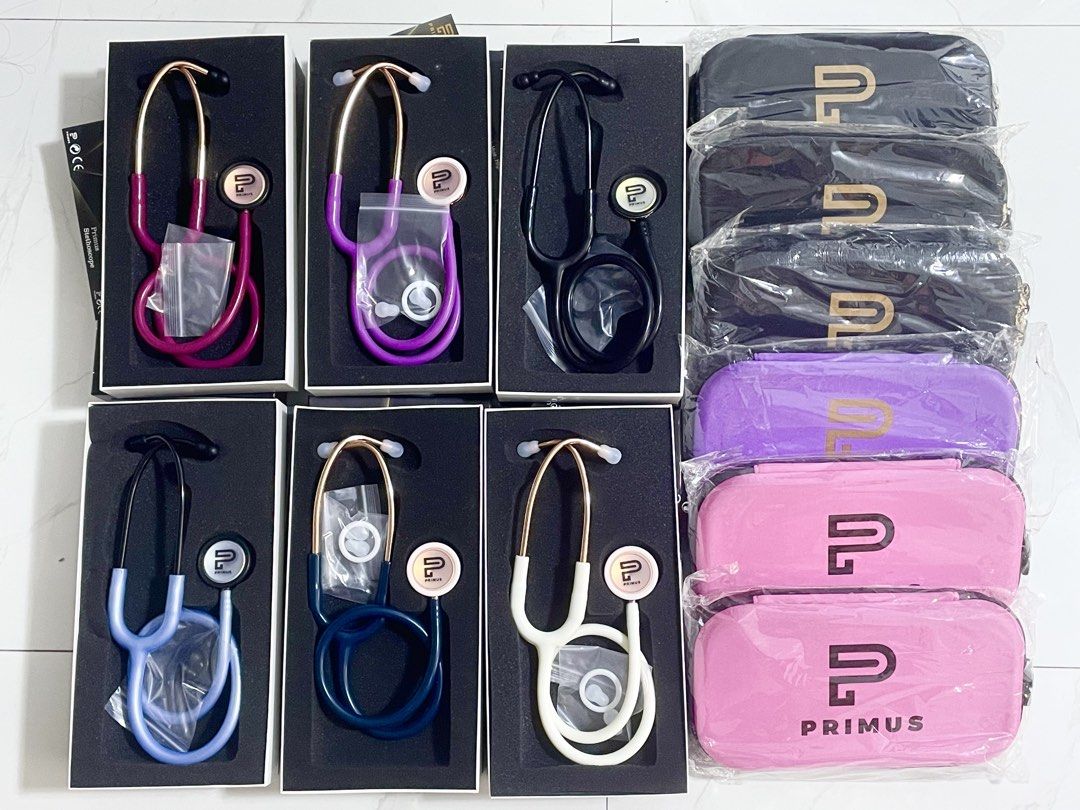 Primus Classic Series Stethoscope (Category: Medical Supplies & Tools) located in Manila. Submitted by ar_aguas08 (Listing ID 1438511578, Image 1). Description: Primus Classic Series stethoscopes available in various colors. Each stethoscope comes with a matching hard case and extra ear tips. The stethoscopes have a gold-colored chest piece and tubing. Available colors include black, blue, white, purple, pink, and maroon..