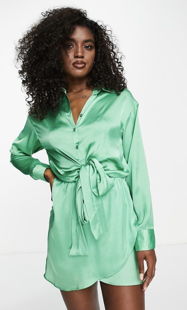 Pull & bear satin green mini shirt dress (Category: Dresses) located in Pasig City. Submitted by closet_reframe (Listing ID 1438533697, Image 2). Description: Brand new, green satin shirt dress Lost Tags but never worn. Nice quality material with a smooth, comfortable fit. Bag and shoes are also for sale! S: L .