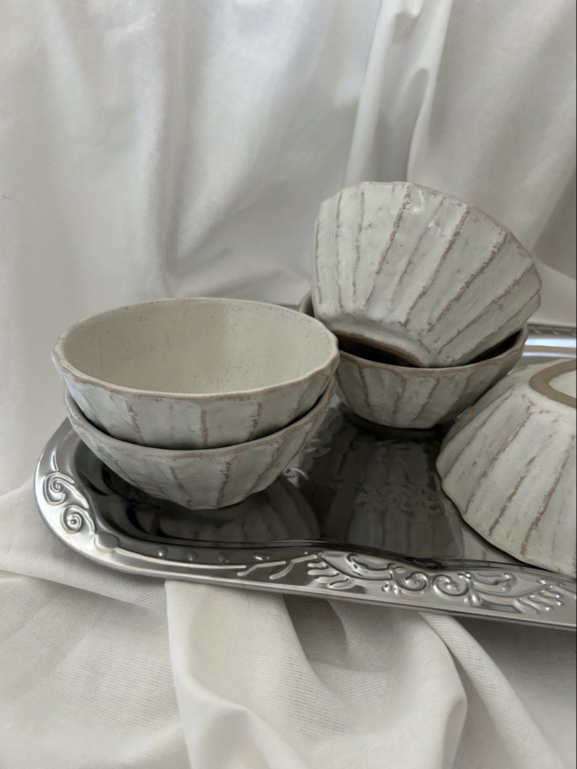 Ribbed stoneware dessert bowls (Category: Other Kitchenware & Tableware) located in Quezon City. Submitted by curatedfindsy (Listing ID 1438549397, Image 2). Description: ₱200 5pcs SALE ‼️ Like new (silver tray not included) 10cm d x 5cm h Ideal for: * Small desserts, snacks, or side servings * Serving dipping sauces, olives, nuts, or a handful of berries..