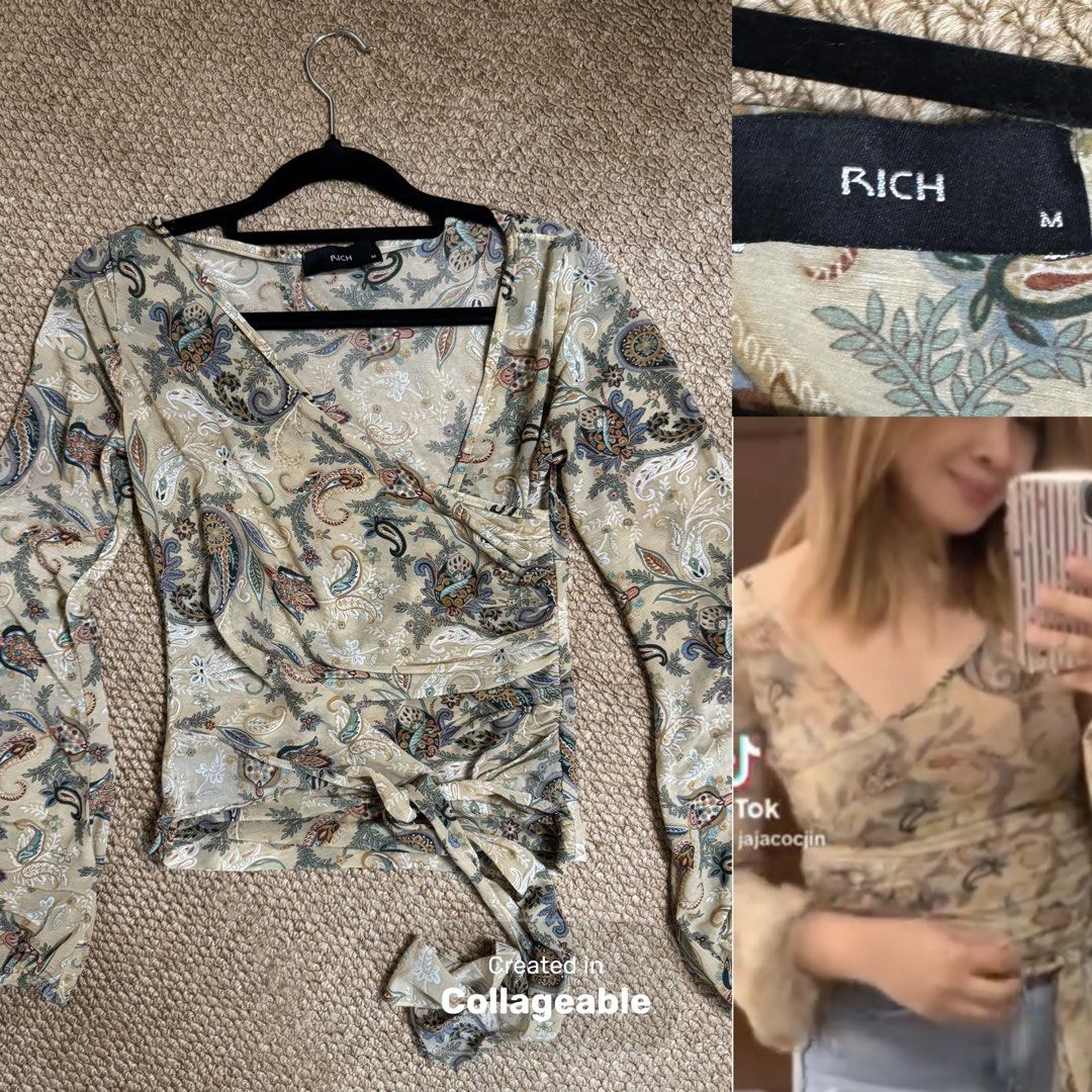 RICH Paisley Wrap Blouse - Size M (Category: Blouses) located in Iloilo. Submitted by jajacocjin (Listing ID 1438615878, Image 1). Description: - Brand: RICH - Style: Wrap Blouse - Print: Paisley - Color: Neutral tones - Size: M - Features: Long sleeves, V-neck, waist tie - Occasion: Suitable for casual and dressy wear.