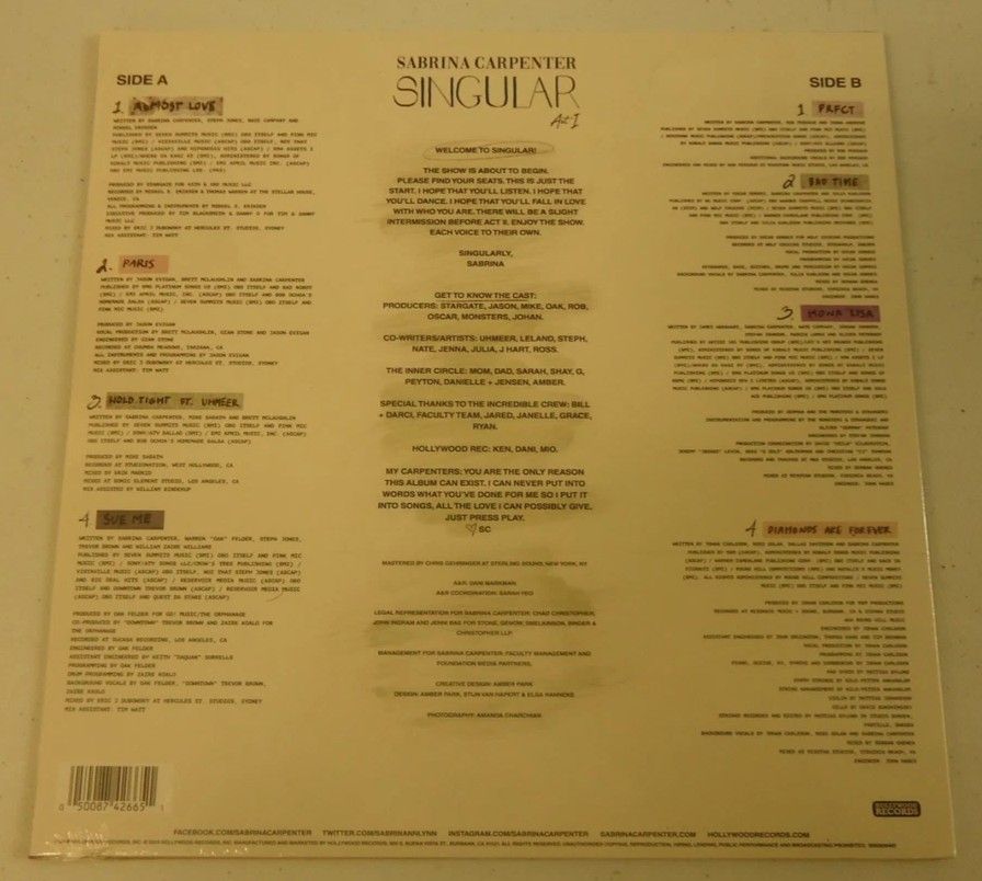 Sabrina Carpenter Singular Act 1 LP (2024) (Category: Vinyls) located in Manila. Submitted by jhenaloymerchandise (Listing ID 1438528878, Image 2). Description: Sabrina Carpenter Singular Act 1 LP (2024) Brand New sealed made in USA.