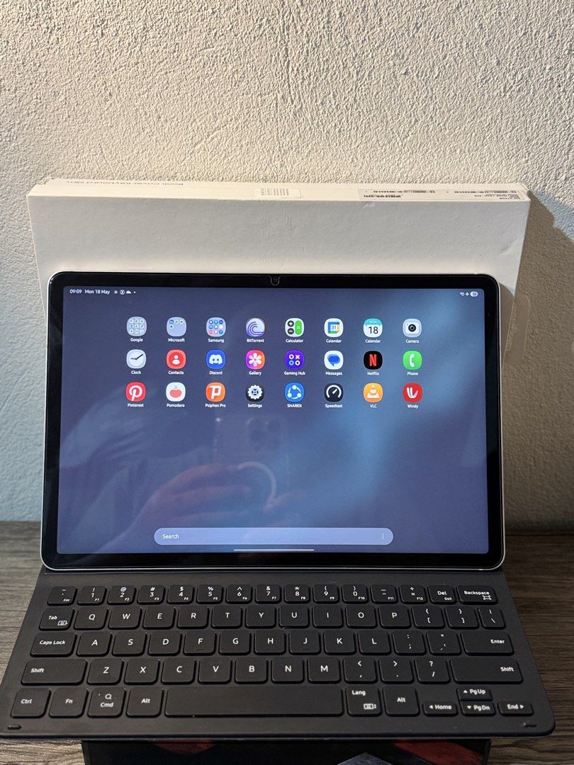 Samsung Galaxy Tab S8 5G with Keyboard (Category: Android) located in Pasig City. Submitted by lucygutz (Listing ID 1438507691, Image 2). Description: - Samsung Galaxy Tab S8 5G tablet - Silver color - Includes S Pen - Black book cover keyboard (with stickers) - Comes with the original box - Screen displays various apps RFS; got ipad.