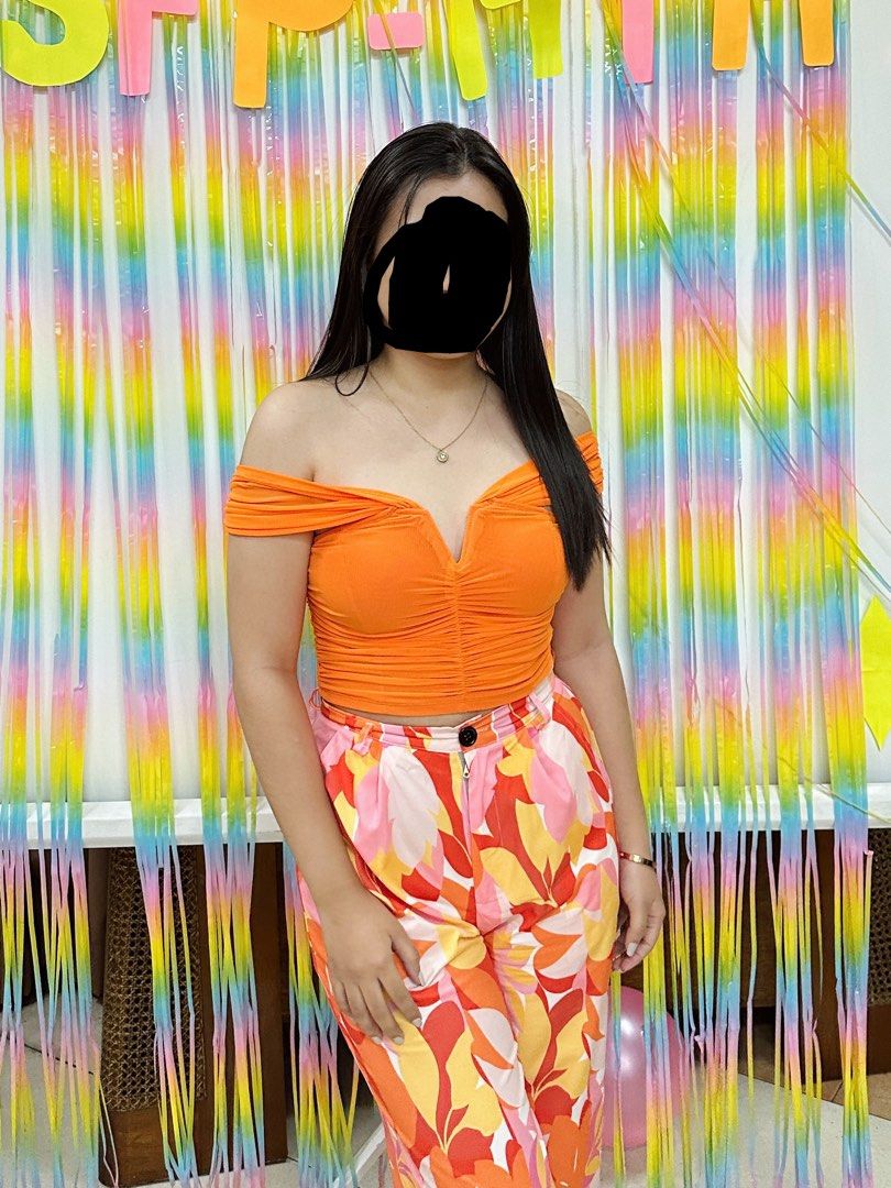 Shein Orange Off Shoulder Top / Summer Top (Category: Blouses) located in Caloocan City. Submitted by declutterwthme (Listing ID 1438629470, Image 1). Description: - XS to Semi Med (stretchable) - Orange off-shoulder top with ruched design - Flattering neckline - Great for casual or special events.