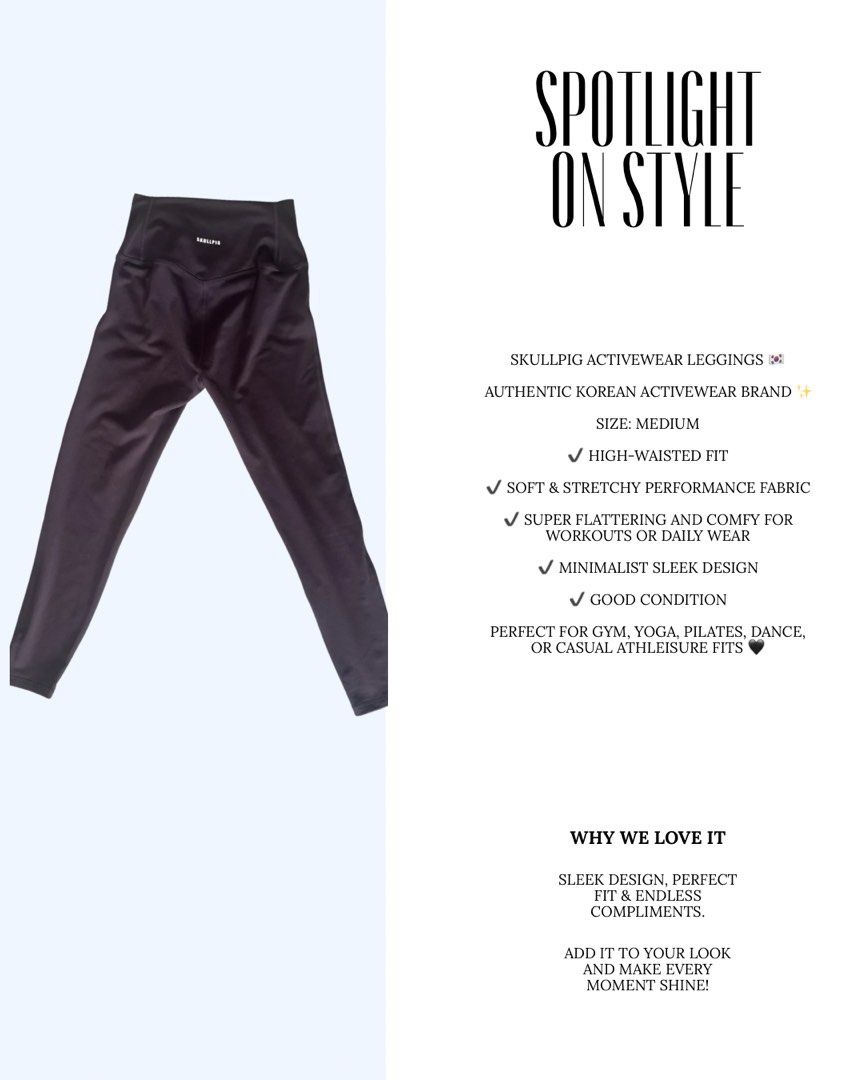 Skullpig Korean Leggings (Category: Activewear) located in Digos. Submitted by grandeactive (Listing ID 1438651119, Image 2). Description: Skullpig Korean Leggings Fits S-M SKULLPIG Activewear Leggings 🇰🇷 Authentic Korean activewear brand ✨ Size: Medium ✔️ High-waisted fit ✔️ Soft & stretchy performance fabric ✔️ Super flattering and comfy for workouts or daily wear ✔️ Minimalist sleek design ✔️ Good condition Perfect for gym, yoga, pilates, da