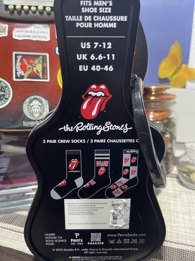 The Rolling Stones 3-Pair Crew Socks (Category: Socks) located in Cabuyao City. Submitted by jnnyz (Listing ID 1438629314, Image 3). Description: - Rolling Stones crew socks (3 pairs) - Features the iconic tongue logo - Comes in a guitar-shaped tin case - Fits men's shoe sizes: - US 7-12 - UK 6.6-11 - EU 40-46.