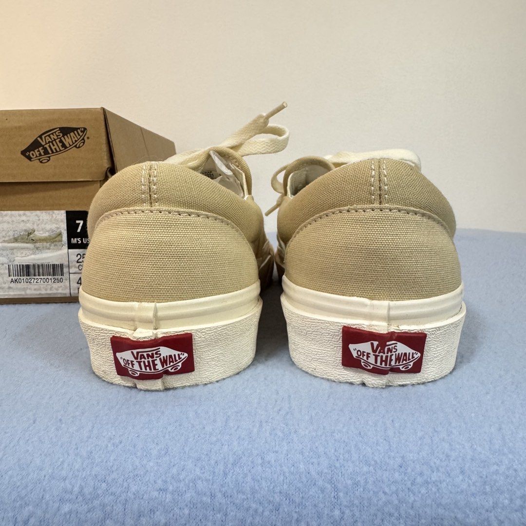 Vans Era Beige Sneakers Slip ons (Category: Sneakers) located in Pasig City. Submitted by r91294 (Listing ID 1438556957, Image 3). Description: - Vans Era sneakers - Beige canvas upper - Lace-up closure - White midsole - Vans logo detail - Includes original box - Size: US Men's 7, Women's 8, 25cm,.