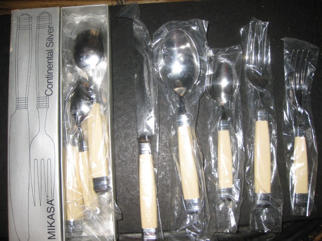Vintage Mikasa "Continental Ivory" Flatware Set for 2 (Category: Dinnerware & Cutlery) located in Baguio. Submitted by mrbrunno (Listing ID 1438513878, Image 3). Description: Vintage Mikasa "Continental Ivory" Flatware Set for 2 1980's Made in Japan Great Quality & Very difficult to find set never used. Purchased in 80's & forgot i had them. 10 Pieces Total Designed by Larry Laslo for Mikasa, this line features sleek, beveled handles in a distinc