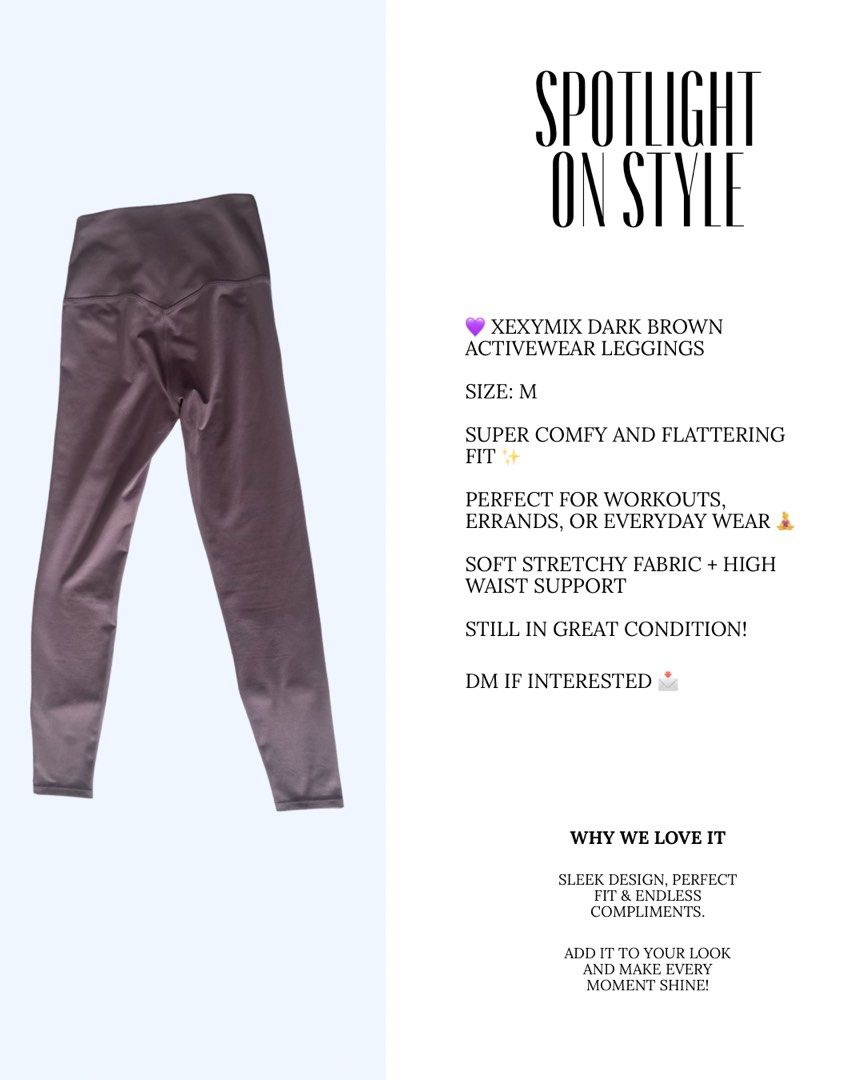 Xexymix dark brown leggings Size: M (Category: Activewear) located in Digos. Submitted by grandeactive (Listing ID 1438651665, Image 3). Description: 💜 XEXYMIX DARK BROWN Activewear Leggings Size: M Super comfy and flattering fit ✨ Perfect for workouts, errands, or everyday wear 🧘‍♀️ Soft stretchy fabric + high waist support Still in great condition! DM if interested 📩.