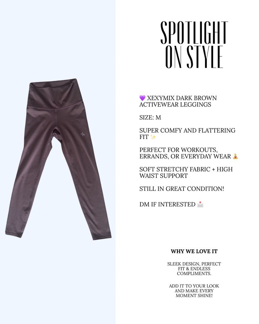 Xexymix dark brown leggings Size: M (Category: Activewear) located in Digos. Submitted by grandeactive (Listing ID 1438651665, Image 2). Description: 💜 XEXYMIX DARK BROWN Activewear Leggings Size: M Super comfy and flattering fit ✨ Perfect for workouts, errands, or everyday wear 🧘‍♀️ Soft stretchy fabric + high waist support Still in great condition! DM if interested 📩.
