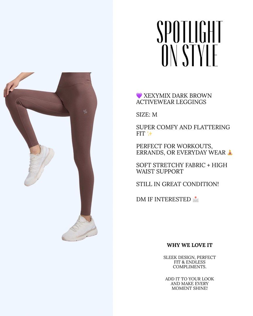 Xexymix dark brown leggings Size: M (Category: Activewear) located in Digos. Submitted by grandeactive (Listing ID 1438651665, Image 1). Description: 💜 XEXYMIX DARK BROWN Activewear Leggings Size: M Super comfy and flattering fit ✨ Perfect for workouts, errands, or everyday wear 🧘‍♀️ Soft stretchy fabric + high waist support Still in great condition! DM if interested 📩.