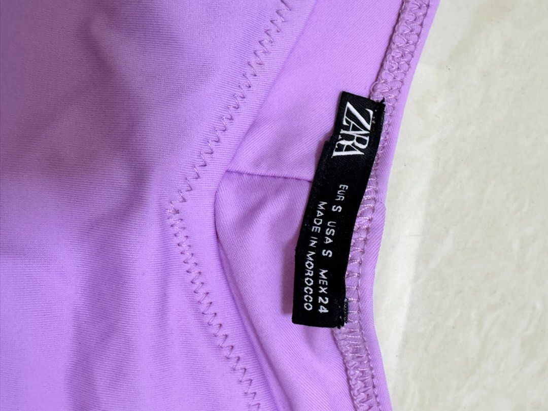 Zara Bikini Set - Lavender (Category: Bikinis & Swimsuits) located in Paranaque City. Submitted by panmakes (Listing ID 1438640641, Image 2). Description: - Zara lavender bikini set - Includes top and V-cut bottom - Size: Small - Features hygienic protection sticker - Made in Morocco.