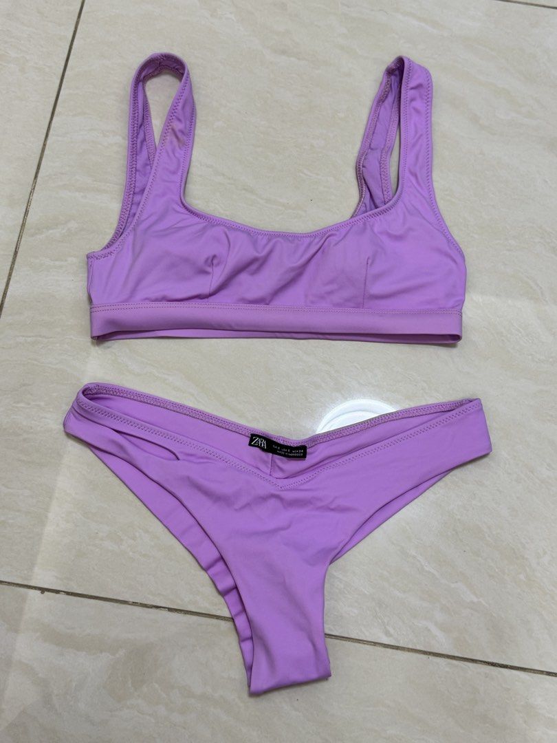 Zara Bikini Set - Lavender (Category: Bikinis & Swimsuits) located in Paranaque City. Submitted by panmakes (Listing ID 1438640641, Image 1). Description: - Zara lavender bikini set - Includes top and V-cut bottom - Size: Small - Features hygienic protection sticker - Made in Morocco.