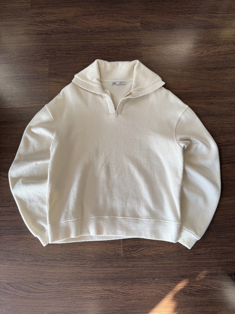 Zara knit quarter-zip (Category: Coats, Jackets and Outerwear) located in Binan City. Submitted by luckythriffs (Listing ID 1438539719, Image 1). Description: Zara knitted sweater Php 1500 (slightly negotiable) Dimes: Small on tag but it also fits medium Length: 25" Width: 21" - Used only once - Still 10/10 condition - RFS: wrong size 📍 Biñan Laguna.
