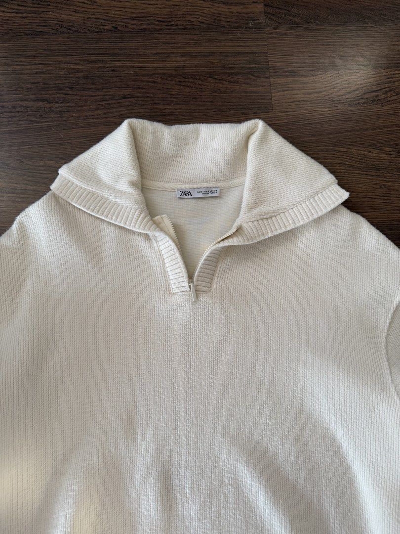 Zara knit quarter-zip (Category: Coats, Jackets and Outerwear) located in Binan City. Submitted by luckythriffs (Listing ID 1438539719, Image 2). Description: Zara knitted sweater Php 1500 (slightly negotiable) Dimes: Small on tag but it also fits medium Length: 25" Width: 21" - Used only once - Still 10/10 condition - RFS: wrong size 📍 Biñan Laguna.