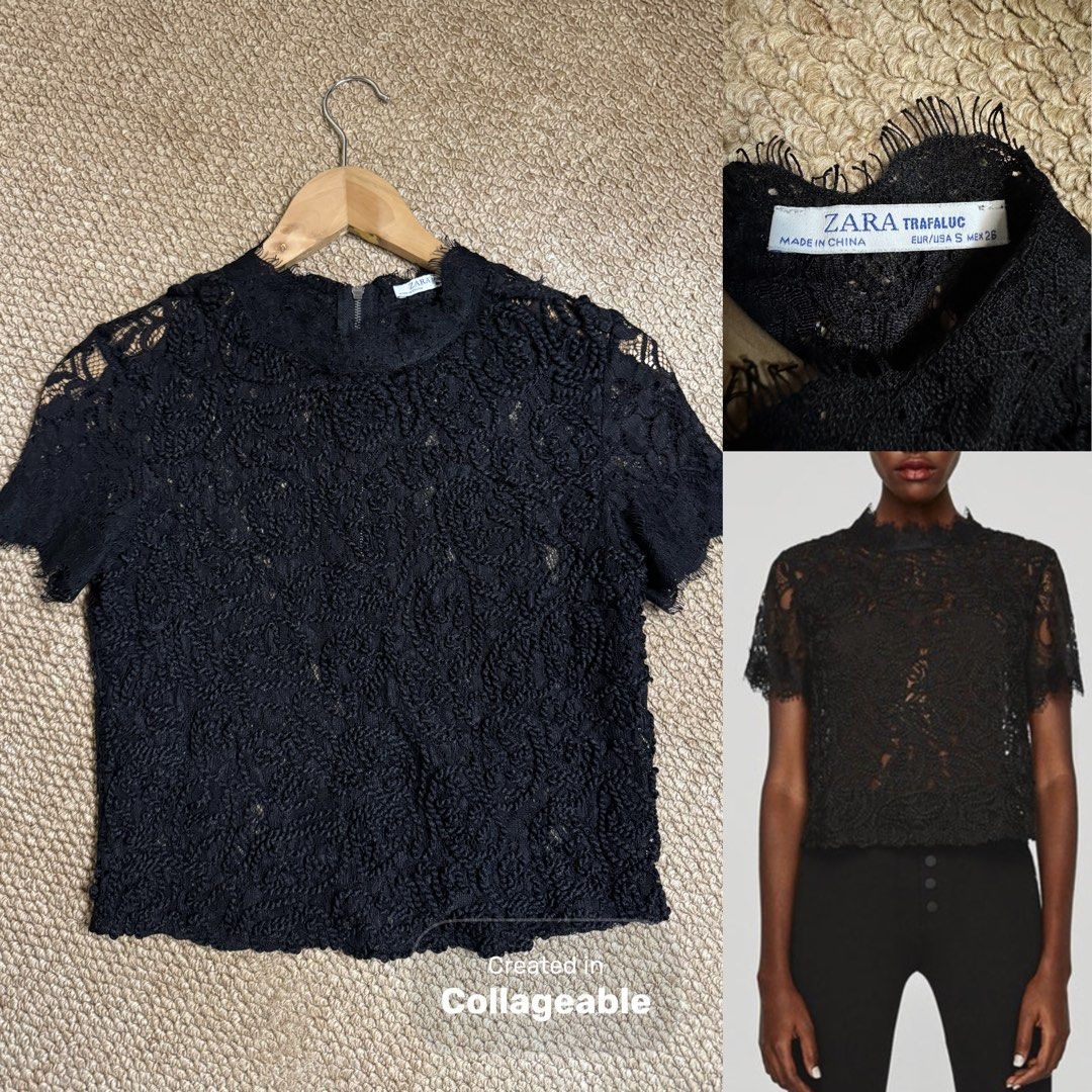 Zara Trafaluc Black Lace Top (Category: Sleeveless) located in Iloilo. Submitted by jajacocjin (Listing ID 1438599426, Image 1). Description: - Zara Trafaluc black lace top - Size: S - Features: High neckline, short sleeves - Design: Textured, all-over lace.